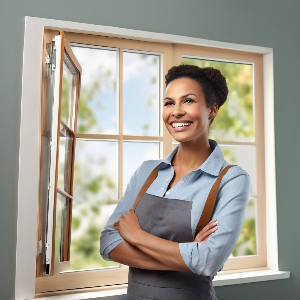 Happy homeowner satisfied with reliable window replacement services with genuine smile and modern home background